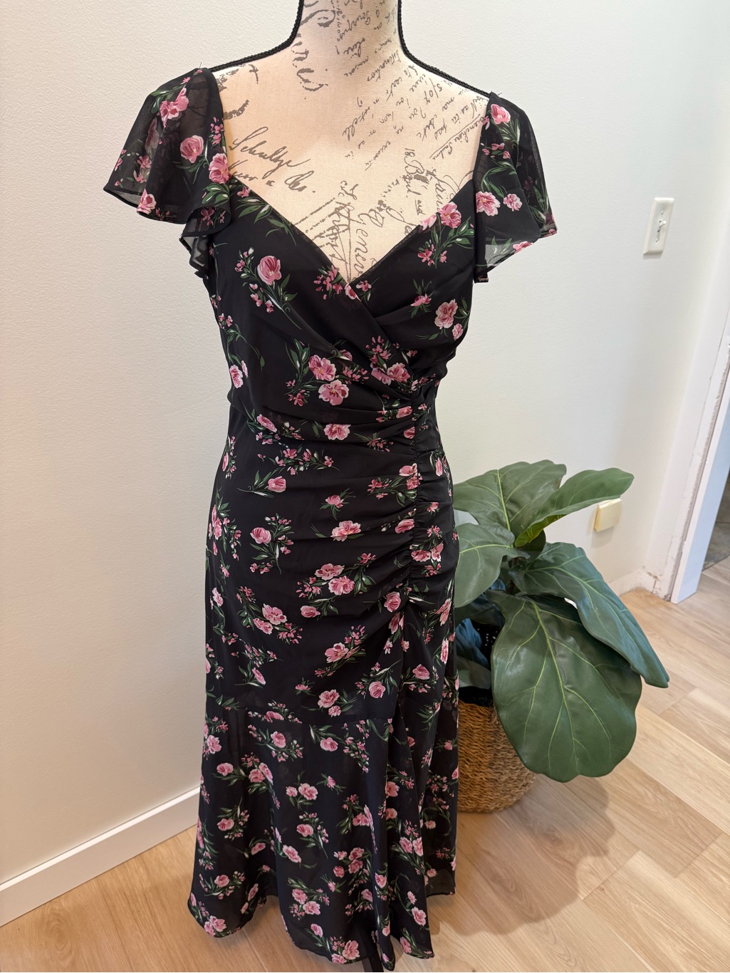 Sugarlips Black Floral Ruched Midi Dress Flutter Sleeve Cottagecore Size S